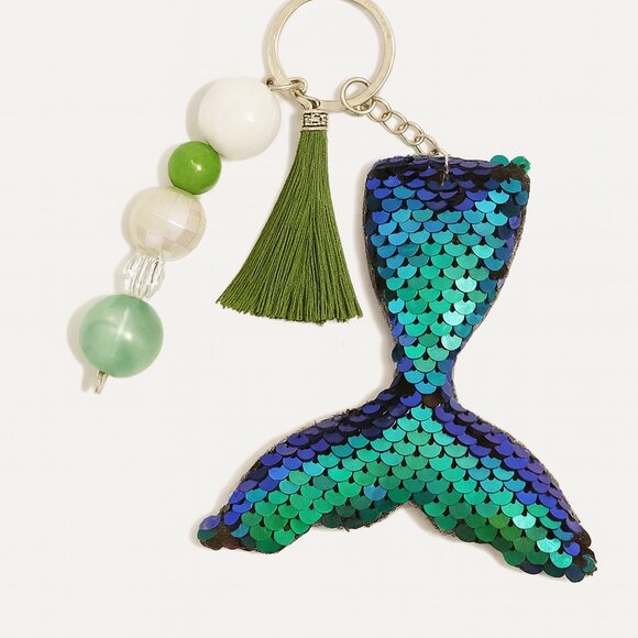Sequin Green Plush Mermaid Tail Keychain, Silk Tassel, Bead Purse Charm, Backpk - Picture 1 of 1